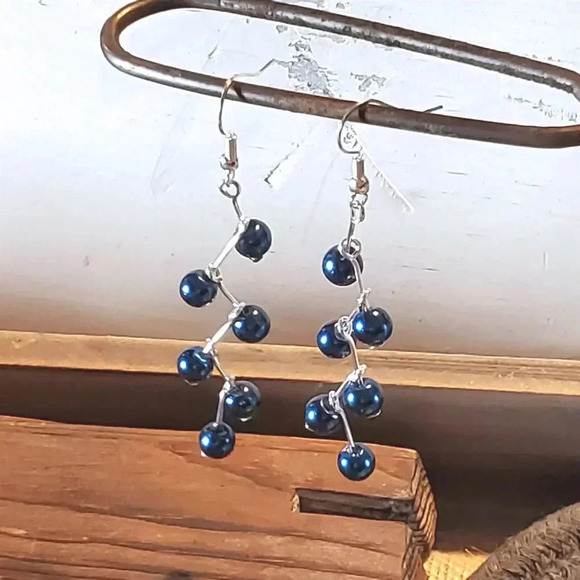 Hand Crafted Blue Glass Pearl Long Zig Zag Geometric Dangle Earrings - Picture 5 of 8